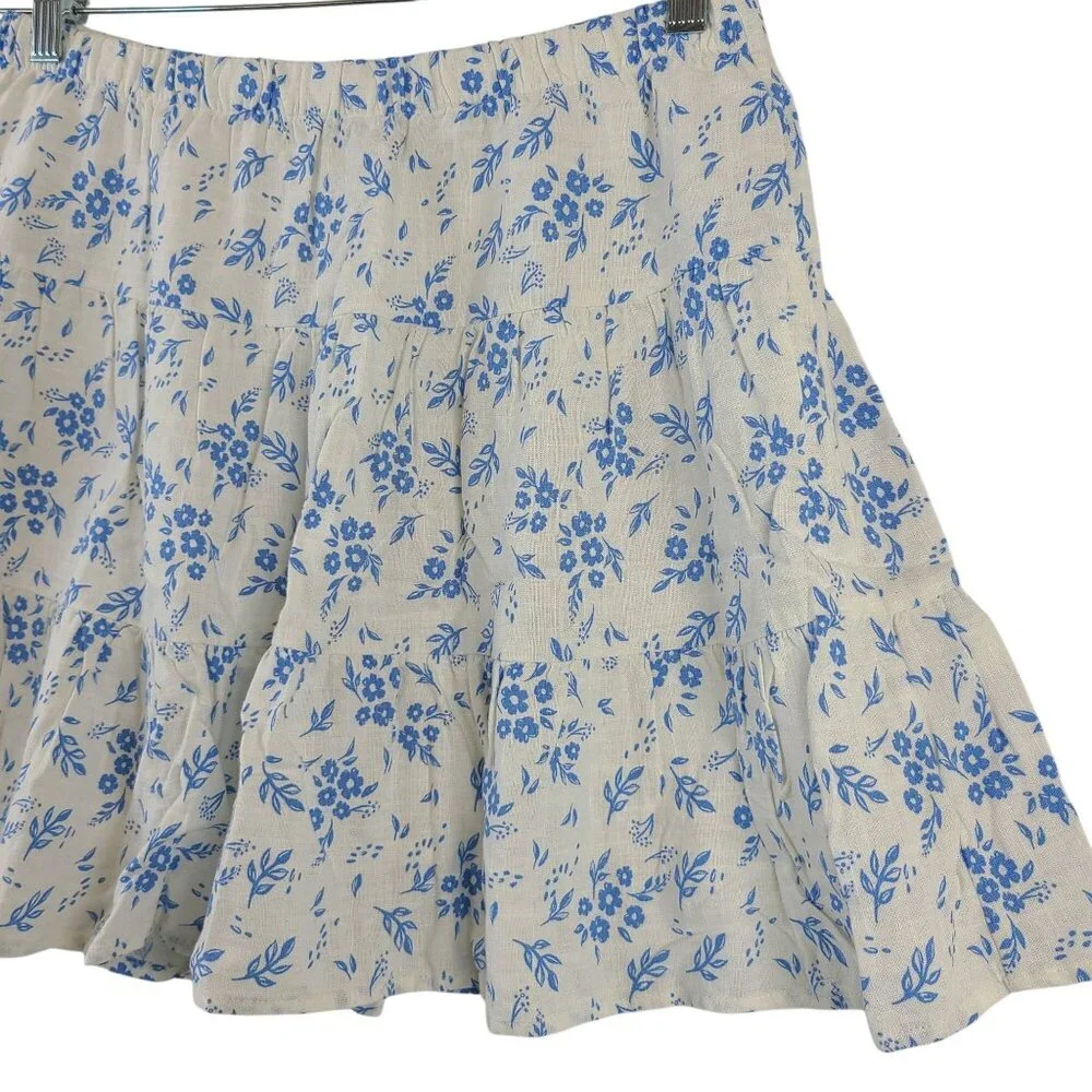 NEW Sincerely Jules Blue Floral Tiered Mini Skirt Rayon-Linen Blend Womens Sz L - Picture 2 of 8